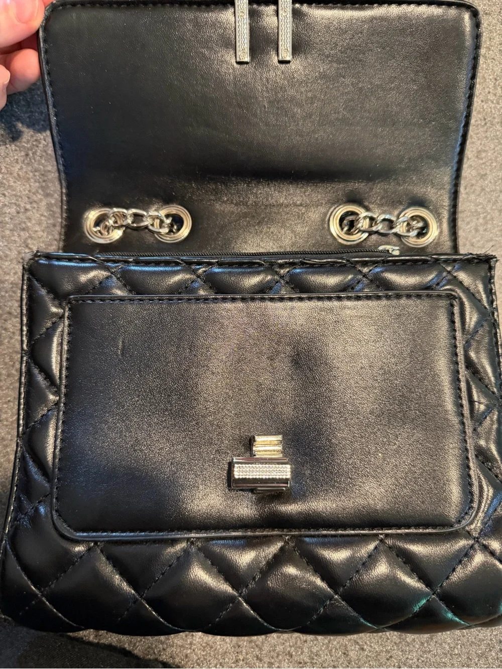 Black Quilted Chain Strap Crossbody Bag Turn Lock Purse
